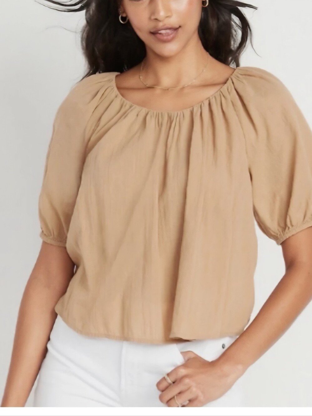 NWT | Size XS | Open Back Tie Blouse | Puff Sleeve Gauze Boho Top | Tan / Camel